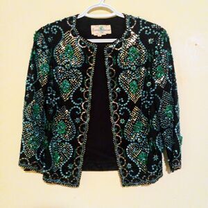 Vintage Gene Shelly Silk Blend Jacket-Small-Hand Beaded-Rhinestone-Lined-1950s